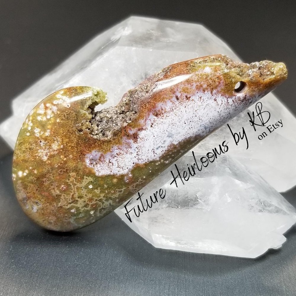Large Drilled Ocean Jasper with Druzy * 56.70 x 24.92 x 6.87mm
